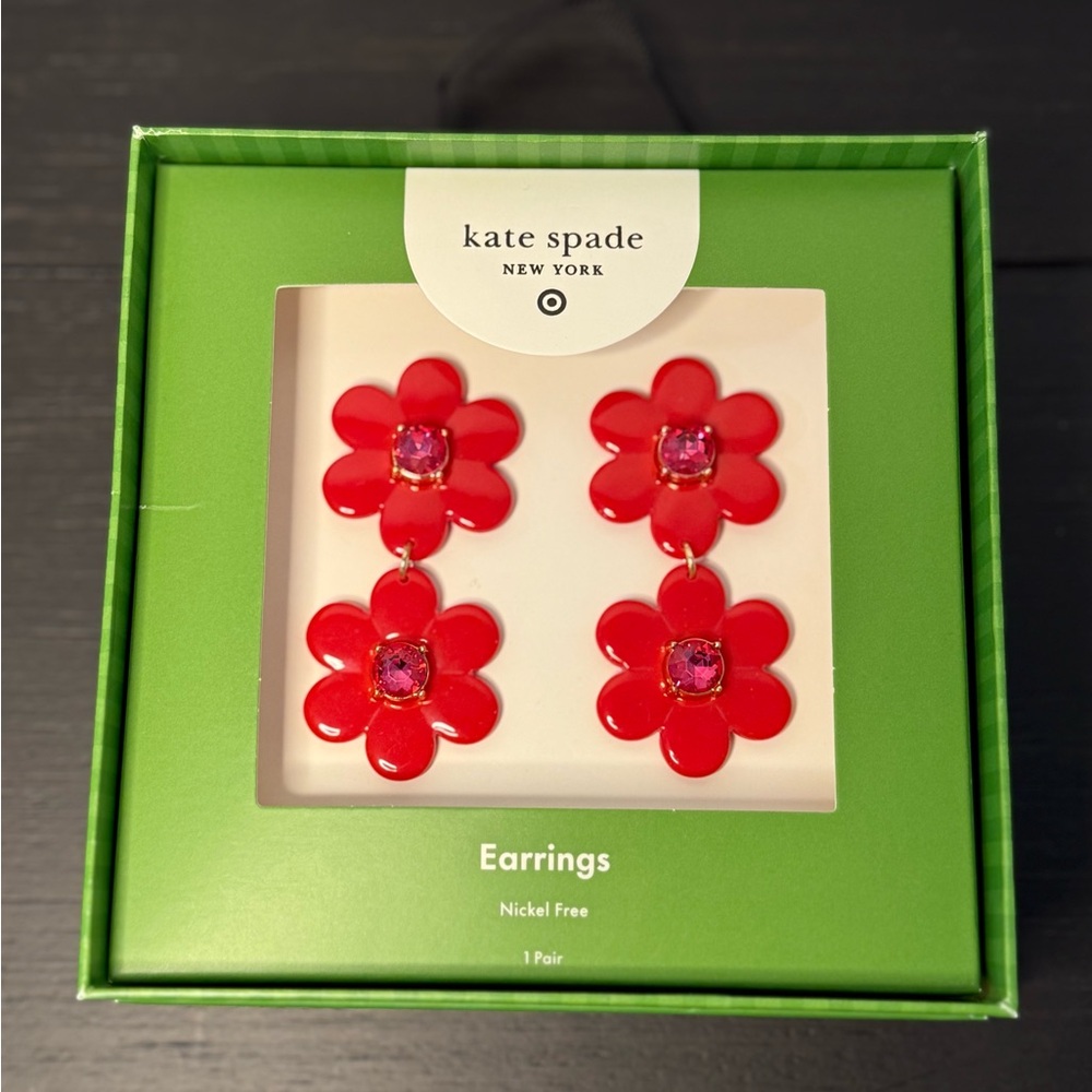 Kate Spade x Target Red Flower Drop Earrings Nickel-Free Gift Boxed NWT